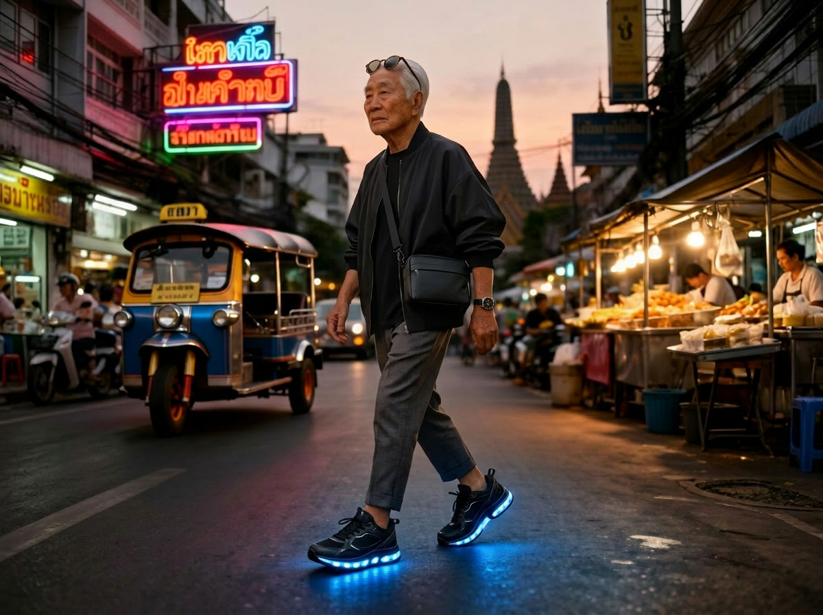 An elderly Asian man walking confidently through a Bangkok street with glowing Luna Walk sneakers