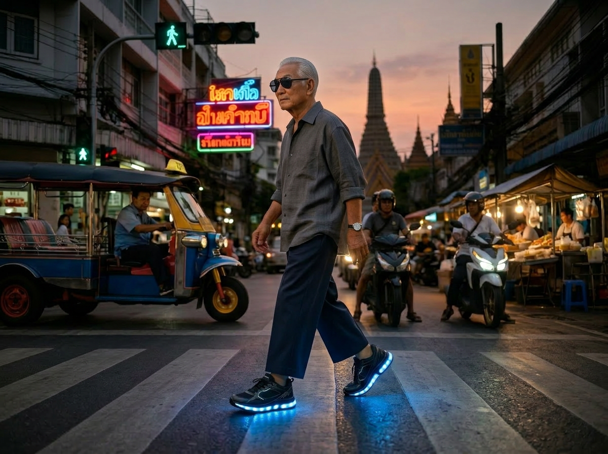 The same man crossing a busy Bangkok street at dusk, Luna Walk sneakers glowing for visibility