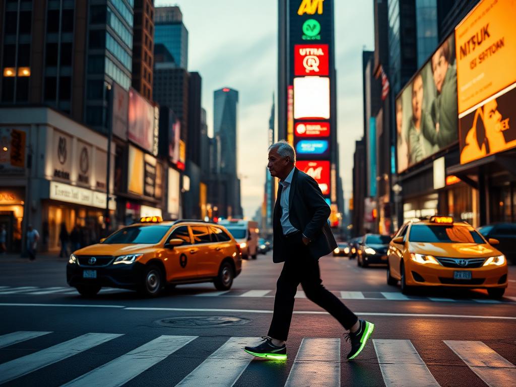 The same man crossing a busy New York Times Square crosswalk at dusk, Luna Walk sneakers glowing for visibility