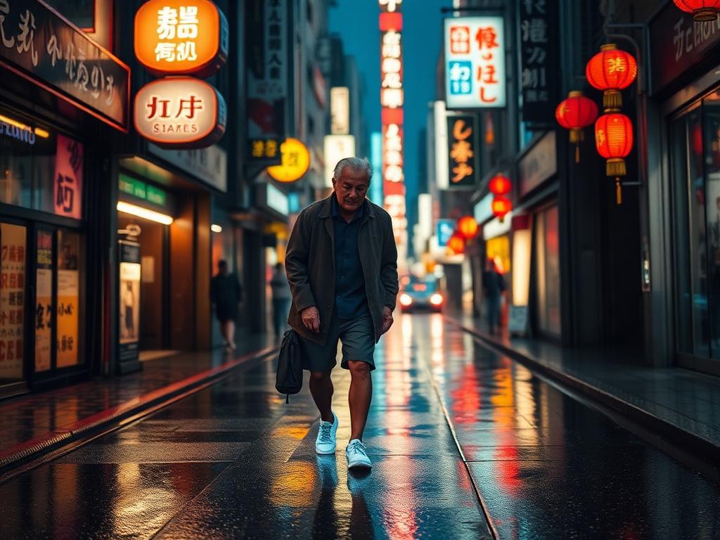 The same man walking down a rainy Tokyo Shibuya alley at night with Luna Walk sneakers glowing blue on wet pavement