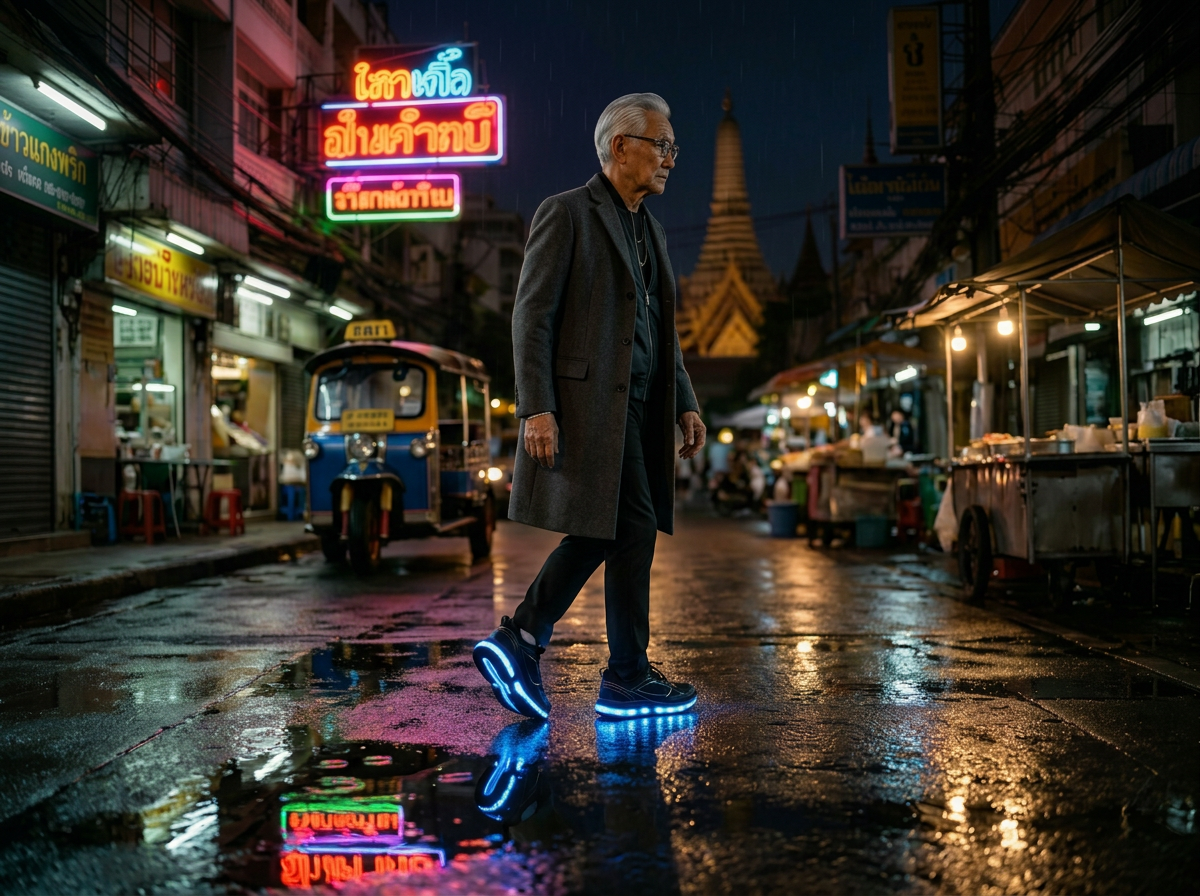 The same man walking down a rainy Bangkok alley at night with Luna Walk sneakers glowing blue on wet pavement